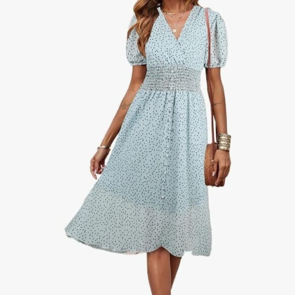 Pretty garden Baby Blue Smocked Waist Puff Sleeve Popover Midi Dress Size XL - Picture 1 of 11